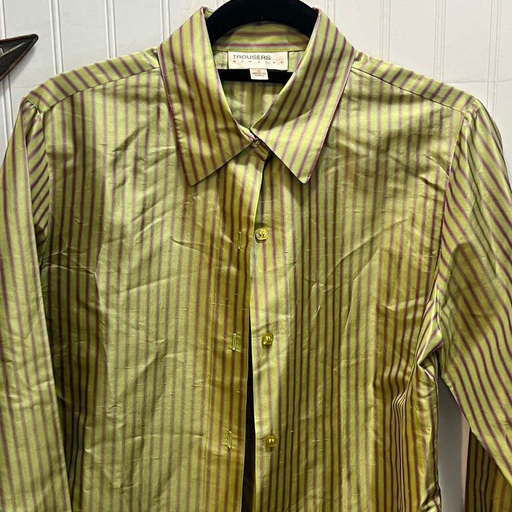 Silk Olive Pink and Teal Striped  Button Down Shirt - Picture 5 of 11